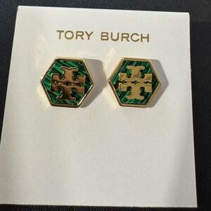 Tory Burch Gold and Green Hexagon Stud Earrings